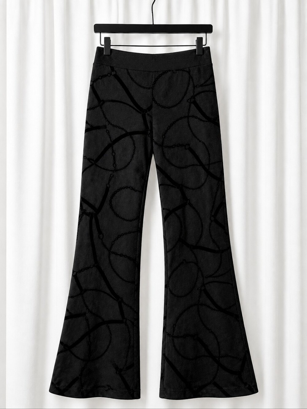 Chico's Black Velvet Flocked Chain Print Pull On Stretch Full Boot Cut  Pants